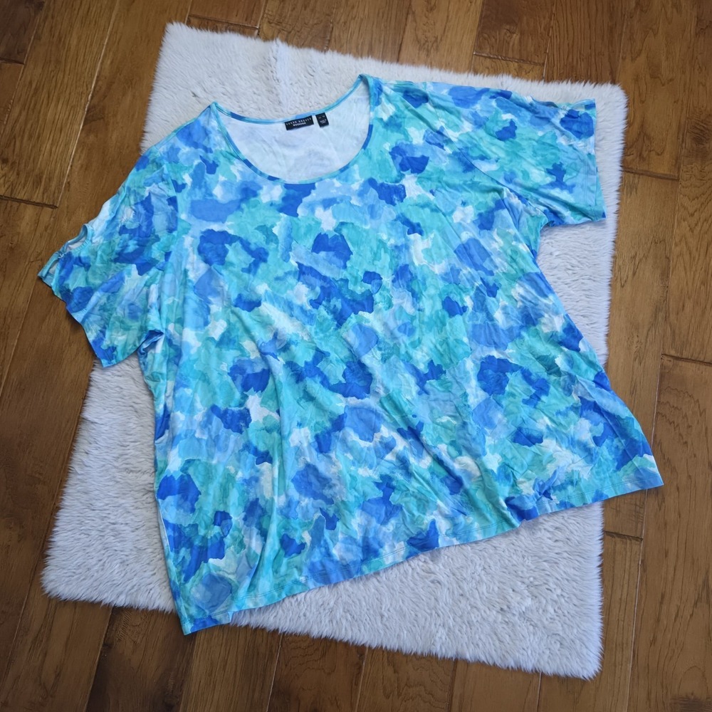Susan Graver Weekend Blouse Shirt Women's Plus 5X Rayon Blue Watercolor